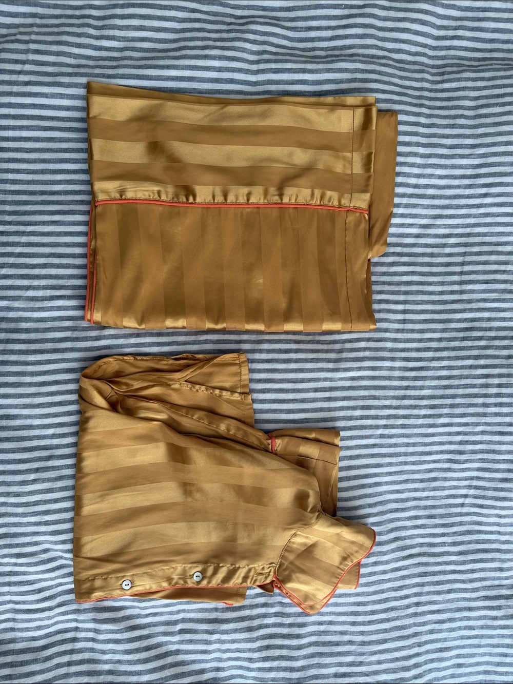 Free People Gold Satin Striped Pajama Set with Orange Trim